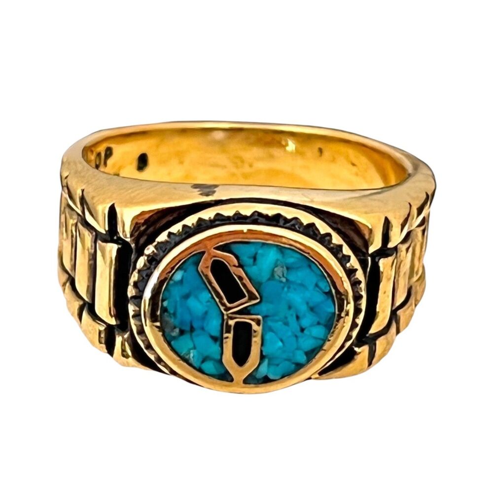 Vintage 1980s Ring Size 9 Castings On Parade Turquoise Inlay Gold Plated - 14W